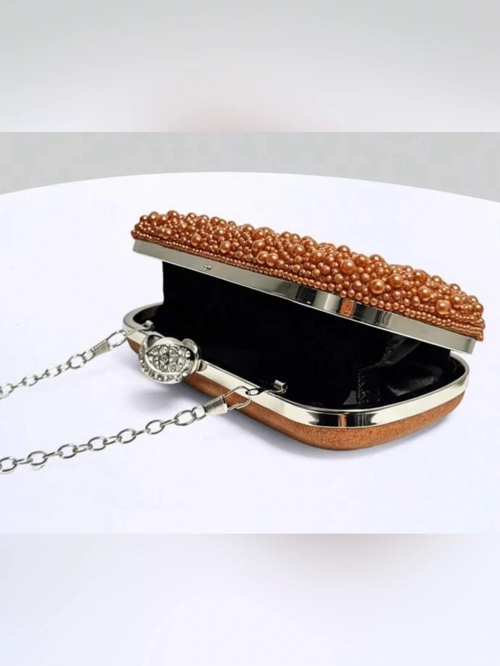 Pearl & Crystal Embellished Clutch - Brown
